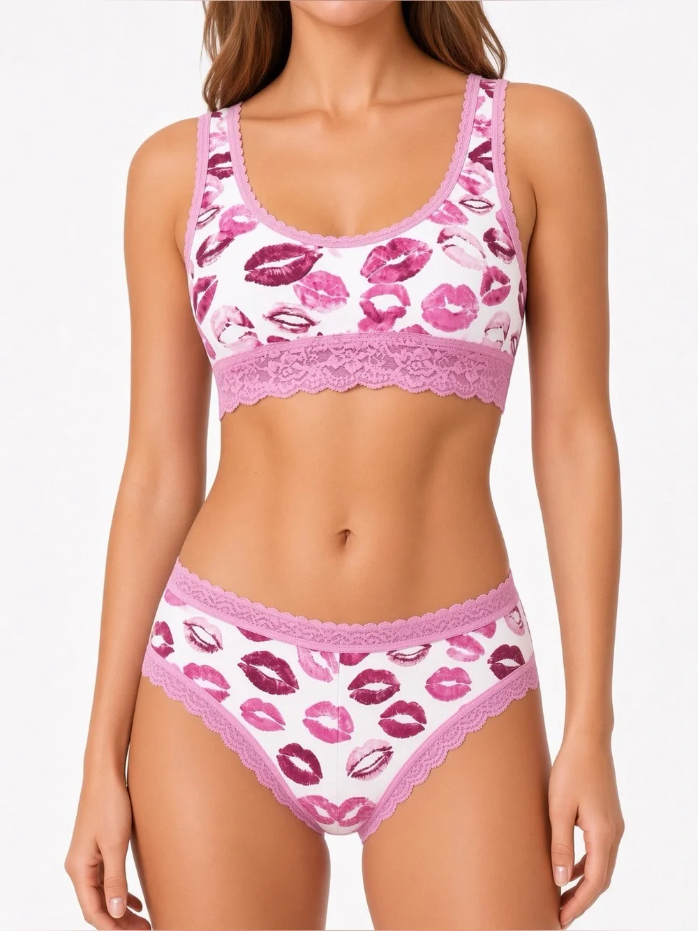 SKIMS Lightweight Cotton Lace Bralette Boyshort Set | Pink Allover Lipstick | XL
